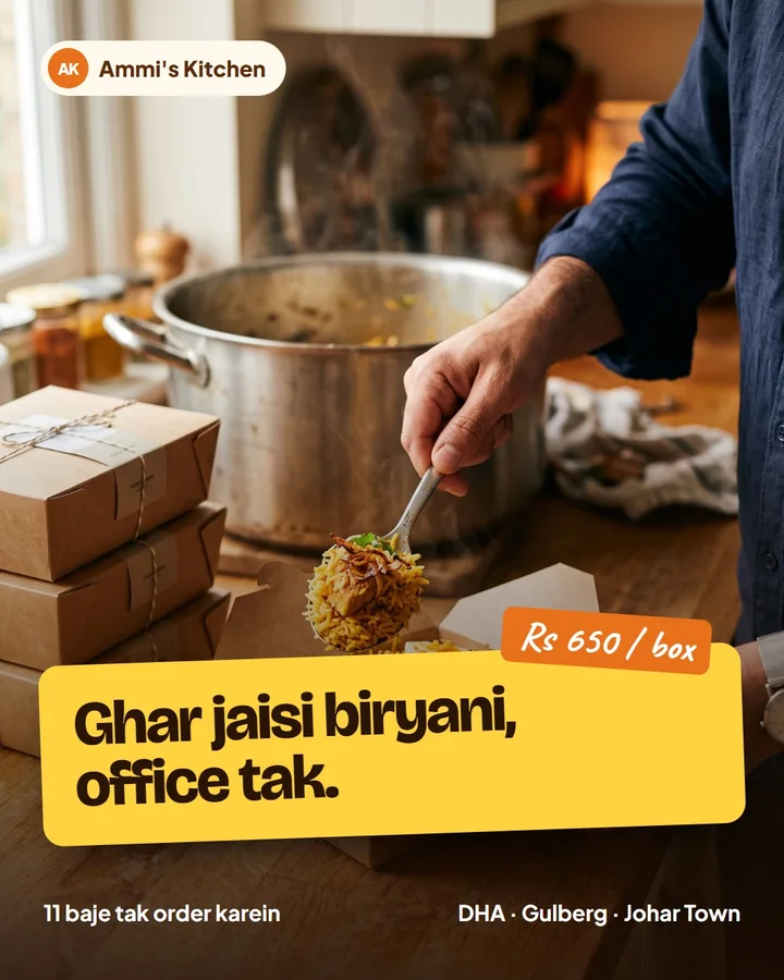 Example Instagram post in Roman Urdu for Ammi's Kitchen, a made-up business